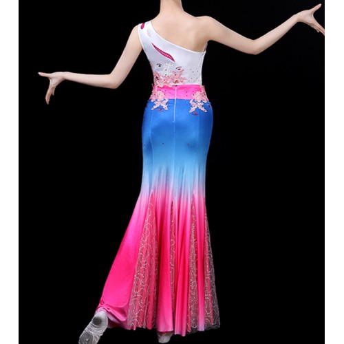 Chinese folk dance dresses for women girls oriental peacock belly dance pin colored stage performance competition costumes